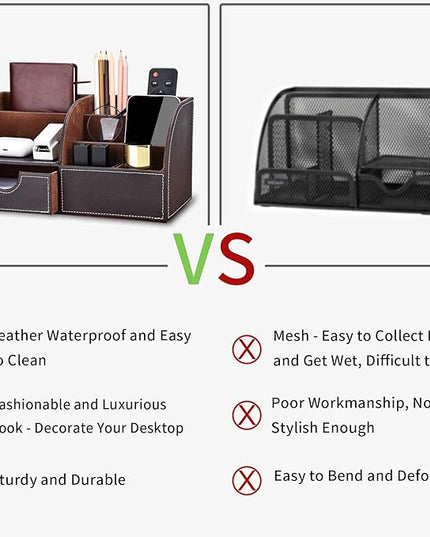 KINGFOM Pu Leather Desk Organizer Pen Pencil Holder Office Supplies Caddy Storage Box 6 Compartments with Drawer Brown