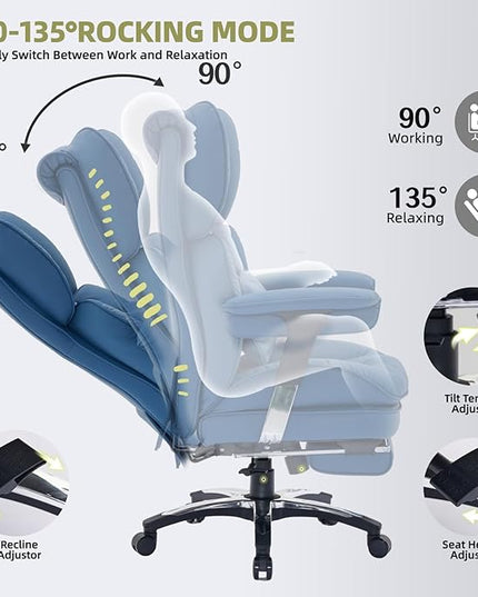 Efomao Big and Tall Office Chair with Footrest – High Back Computer Chair with Adjustable Armrests，Executive Office Chair with Wide Seat, Modern Desk Chair for Home Office, Gaming, or Study, Blue