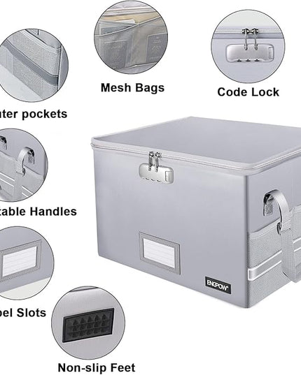 ENGPOW File Box with Lock, Fireproof Document Box with Zipper＆Pockets, Collapsible File Organizer Filing Storage Cabinet with Handle, Portable Home Office Safe for Hanging Letter/Legal Folder,Silver