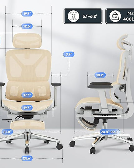 FLEXISPOT ErgoX Premium Ergonomic Office Chair with Footrest- Adjustable 3D Armrests, Dynamic Lumbar Support, Recline & Tilt Function, Mesh Seat, for Home & Office Use,Cream