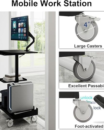 Natwind Mobile Workstation Cart with Monitor Mount,Height Adjustable Rolling Computer Cart, Heavy-Duty Rolling Standing Desk with CPU Holder for Home Office, School,Warehouse, Medical（Black）