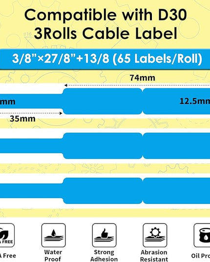Phomemo D30 Cable Labels Colorful Waterproof Wire Cord Labels, (12.5mm X 74mm) 65 Labels/Roll, Tags Stickers Tear Resistant Flexible, Phomemo d30 Label Tape -Black on Blue Paper, 3 Roll