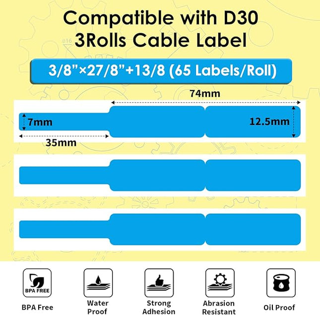 Phomemo D30 Cable Labels Colorful Waterproof Wire Cord Labels, (12.5mm X 74mm) 65 Labels/Roll, Tags Stickers Tear Resistant Flexible, Phomemo d30 Label Tape -Black on Blue Paper, 3 Roll