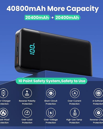 Portable Charger Power Bank 40800mAh with 3 Built-in Cables,25W Fast Phone Charging Portable Battery Pack,5 Outputs Travel Essentials Outdoor External Battery for iPhone 17/16,Galaxy Android etc-Black