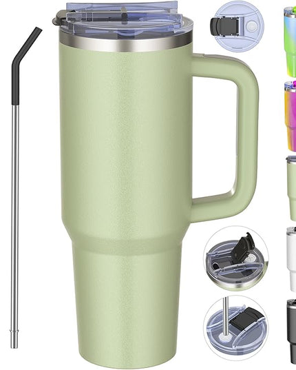 40 oz tumbler with handle and straw,Double Wall Vacuum Reusable Stainless Steel Insulated Water Bottle,With Leak Proof lid and Straw for Iced or Cold Beverages (bay green)