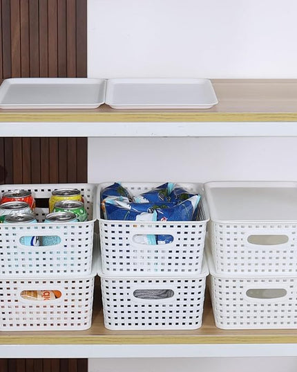 Hespama 6 Packs Lidded Storage Baskets, Plastic Desktop Organizer Baskets, White