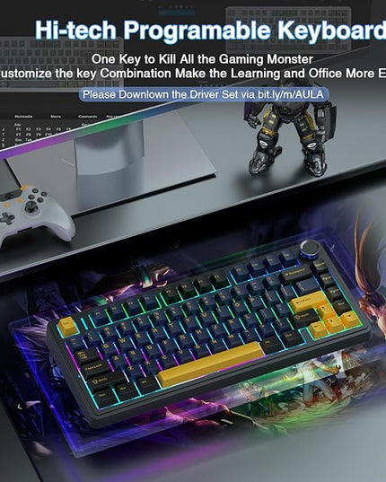 AULA F75 75% Wireless Mechanical Keyboard, Hot Swappable Creamy Keyboard, Pre-lubed Greywood Switches RGB Backlit Gaming Keyboards, 2.4GHz/Type-C/BT5.0(Cool Black)