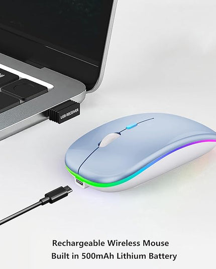 Wireless Bluetooth Mouse Rechargeable Laptop Mice with LED Lights Silent Slim Use(BT5.2 and 2.4G Portable USB) Dual Mode Computer Mouse for Laptop/iPad/Tablet/Apple/Computer/Mac (Blue)
