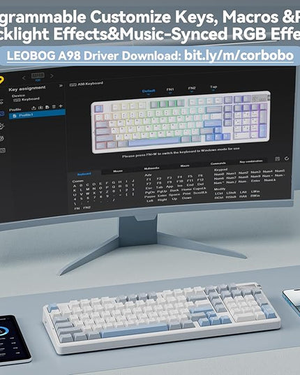 LEOBOG A98 - 96% Mechanical Keyboard Wireless Tri-Mode BT5.0/2.4GHz/USB-C, Creamy Keyboard with Number Pad, Gasket Structure, Hot Swappable, RGB Backlit Gaming Keyboard with Knob for PC/Mac/Windows