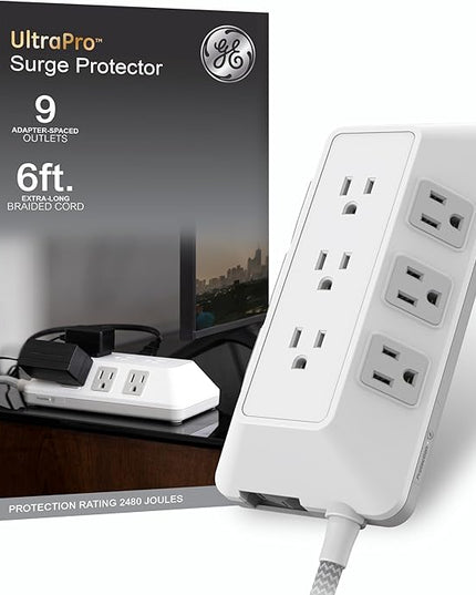 GE 9-Outlet Surge Protector, 2480J, 6ft. Braided Cord, Extensoin Cord for School, Home, Office, White – 82596