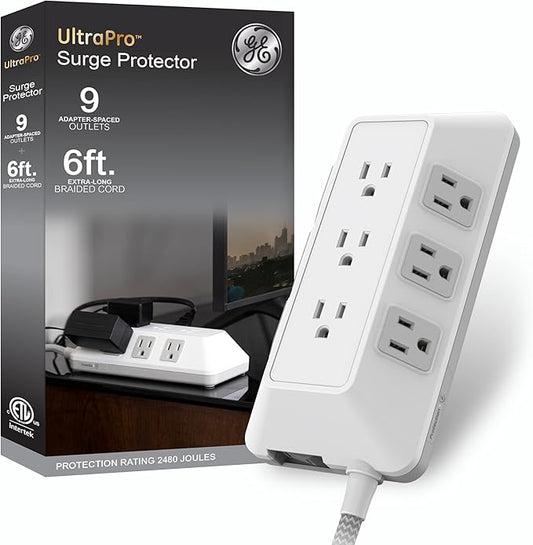 GE 9-Outlet Surge Protector, 2480J, 6ft. Braided Cord, Extensoin Cord for School, Home, Office, White – 82596