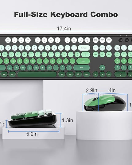 MOFII Wireless Keyboard and Mouse Combo, Full Size 2.4G Plug and Play Typewriter Retro Round Computer Keyboard and Mouse Set for Windows, Computer, Desktop, PC, Notebook - (Black Green Gradient)