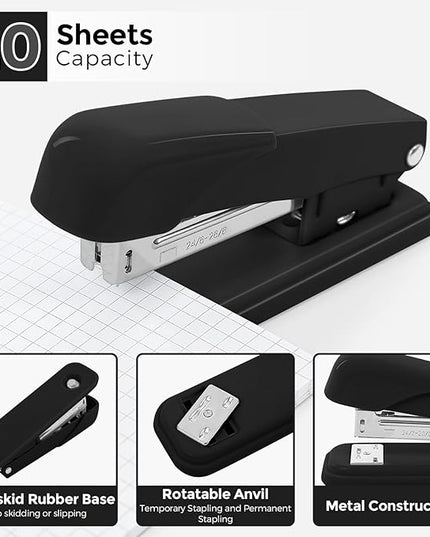 SKYDUE Black Office Supplies Set, Black Desk Accessories, Stapler, Tape Dispenser, Scissors, Binder/Paper Clips and 1000pcs Staples, Desk Supplies Set