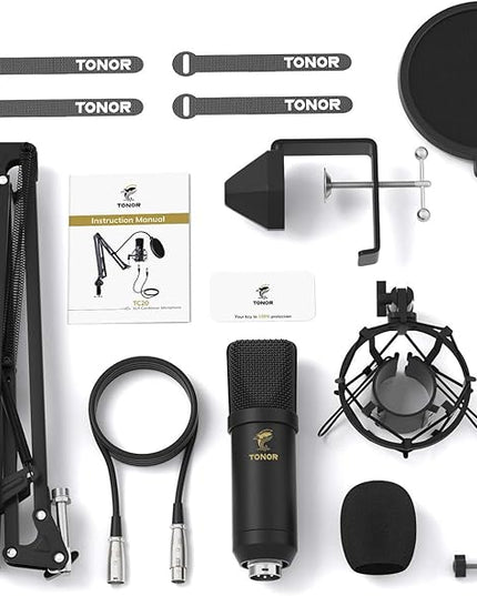 TONOR XLR Condenser Microphone, Professional Cardioid Studio Mic Kit with T20 Boom Arm, Shock Mount, Pop Filter for Recording, Podcasting, Voice Over, Streaming, Home Studio, YouTube (TC20)