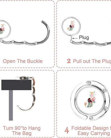 Iqimott 3pcs Personalized Initial Foldable Purse Hook for Table, Flower Letter Folding Handbag Hanger Portable Magnet Table Hook Holder, Collection Desk Purse Hooks for Women Bag (Pink-J)