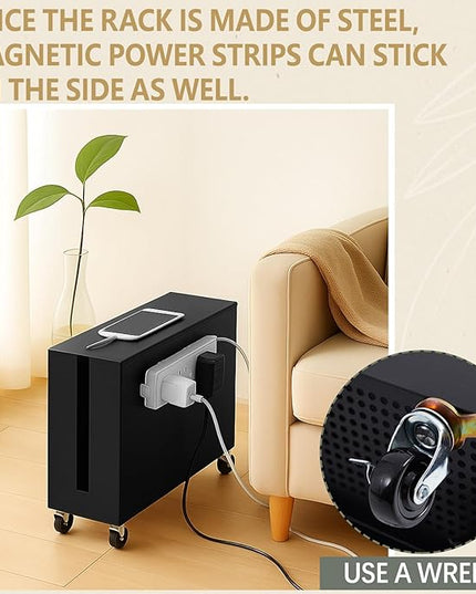 Extra Large Cable Management Box with Caster Wheels Adjustable Cord Hider Box for Power Strip Metal Router Hider Organizer Surge Protector Storage Organizer for Office, Home (Black)