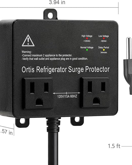 Refrigerator Surge Protector, Ortis Double Outlet Voltage Protector for Home Appliances TV Washer with Time Delay, Protects Against Brownout, Spike, Instant Surge All Voltage Abnormalities