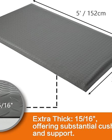Nisorpa Anti Fatigue Mats Industrial 3' x 5' Ergonomic Standing Mat 15/16" Extra Thick Kitchen Mat for Standing Heavy Duty Commercial Diamond Plate - Safety Support for Leg & Back Pain,Grey