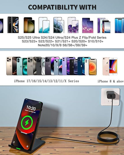 Wireless Charger Station,15W Desk Wireless Charging Stand 20W USB C Adapter for Apple iPhone 17 Pro/17/17/Air/16 Pro/16E/16 Plus/15/14/13,Samsung Galaxy S25/S24/S23/S22/Z Flip Fold/Note 20,Google etc
