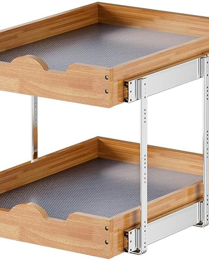 OCG 2 Tier Pull Out Cabinet Organizer (17"W x 21"D), Double Tier Slide out Wood Drawer Shelf, Pull Out Shelves for Base Cabinet Organization in Kitchen, Pantry, Bathroom