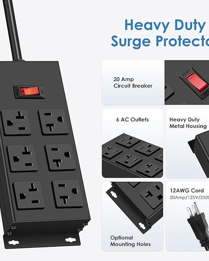 JUNNUJ 20 Amp Power Strip Heavy Duty 2 Pack, Garage 6 Outlets Metal 12 Gauge Surge Protector 3000J, High Amp 5-15P Adapter Shop 6-20R T-Slot Industrial (6AC 2-Pack, 10FT)