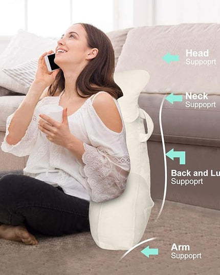 SLIGUY Reading Pillow for Sitting in Bed Couch Adult, Back Pillow with arm Support and Pockets, Adult Back Pillow Bed Chair for Bed Rest, Reading, Watching TV, Gaming for Boys and Girls Beige