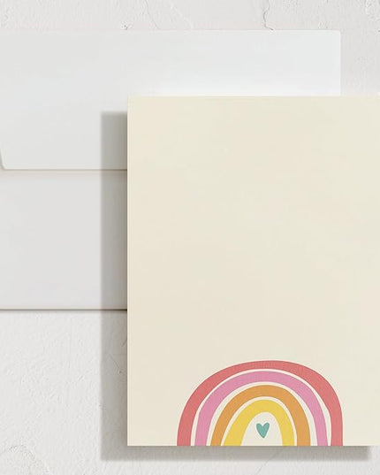 Minted Cheerful Stationery Set, Set of 10, Flat Note Cards & Envelopes for Invitiations and Handwritten Thank You Messages, Rainbow with Heart Accent, Gifts for Teachers, Luxurious Paper