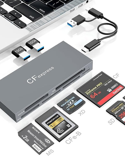 8 in 1 CFexpress Type B Card Reader with 2 10Gb USB, USB3.2 Gen2 10Gbps CF Express Reader hub for CFexpress Type B/SD/TF/CF/XD/MS/USB, CFexpress Adapter Hub Read 6 Cards and 2USB Simultaneously