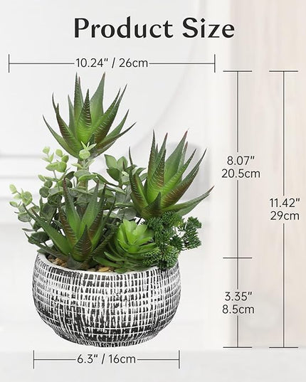 11” Large Succulents Aloe Plants Artificial in Ceramic Pots Potted Faux Succulent Eucalyptus Arrangement with Black Bowl Pots Fake Desk Succulents Plants for Home Bathroom Shelf Table Indoor Decor