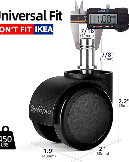Sytopia Office Chair Wheels, Universal Standard Stem 7/16 inch x 7/8 inch, 2" Upgraded Quiet Caster Wheels Safe for All Floors Include Hardwood & Carpet, Not for 1KEA, Easy to Install, Set of 5