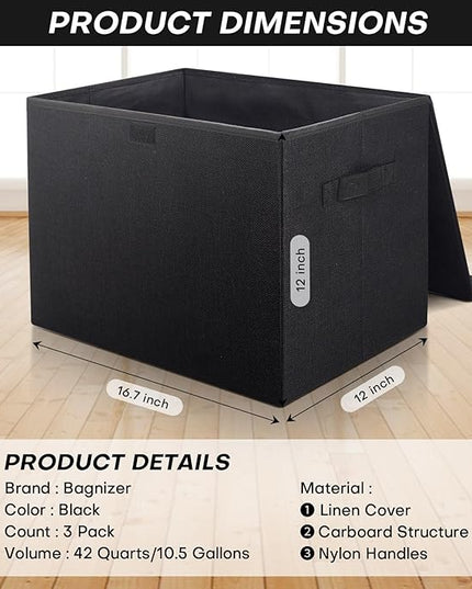 Large 17" 42 Quarts Collapsible Stackable Storage Bins with Lids [3-Pack] Foldable Fabric Linen Storage Boxes Cube, Closet Organizer Baskets with Label (16.7 x 12 x 12, Black)