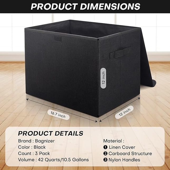 Large 17" 42 Quarts Collapsible Stackable Storage Bins with Lids [3-Pack] Foldable Fabric Linen Storage Boxes Cube, Closet Organizer Baskets with Label (16.7 x 12 x 12, Black)