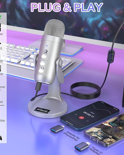 ZealSound USB Microphone,Condenser Computer PC Mic,Plug&Play Gaming Microphones for PS 4&5.Headphone Output&Volume Control,Mic Gain Control,Mute Button Vocal,YouTube Podcast on Mac&Windows(Silver)