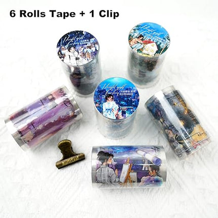 AuriicLeaf Moonlit PET Tape Set, 6Rolls Pre-Cut Night Scenery Stickers for Scrapbooking & Journaling, Includes Clip, Large Size, Ideal for Collage, DIY Crafts