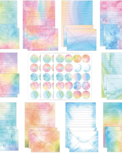 160 Pcs Stationery Paper Envelopes Set Includes 50 Lined Writing Paper & 50 Envelopes with 60 Colorful Round Dot Stickers, Cute Vintage Watercolor Letter Writing Stationery Paper Envelopes(10Style)
