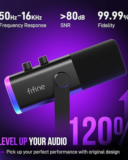 FIFINE XLR/USB Gaming Microphone Set, Dynamic PC Mic for Streaming Podcasting, Computer RGB Mic Kit with Boom Arm Stand, Mute Button, Headphones Jack, for Recording Vocal Voice-Over-AmpliGame AM8T