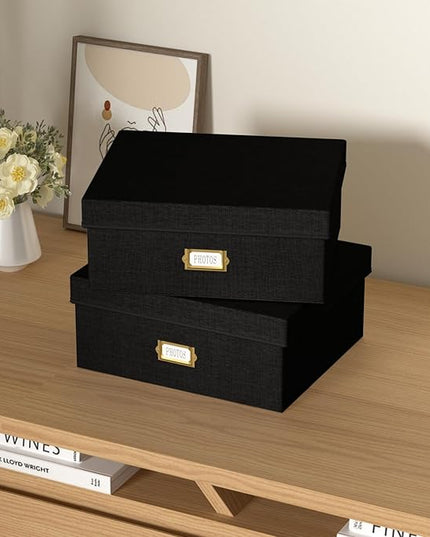 Decorative Photo Storage Box - 2 Pack Linen Photo Box Organizer with Dividers, Fits Holds Up to 1700 Pictures and 4x6 Photos, Memory Keepsake Organizer for Scrapbook Supplies, Cards, Stamps (Black)