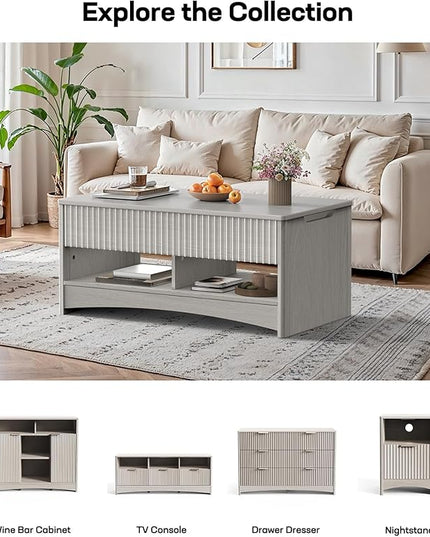 Marsail Lift Top Coffee Table with Open & Hidden Storage, Modern Fluted Coffee Table with Smooth Lift Mechanism, Sturdy Space-Saving Center Table for Home Living Room, Office, Light Grey
