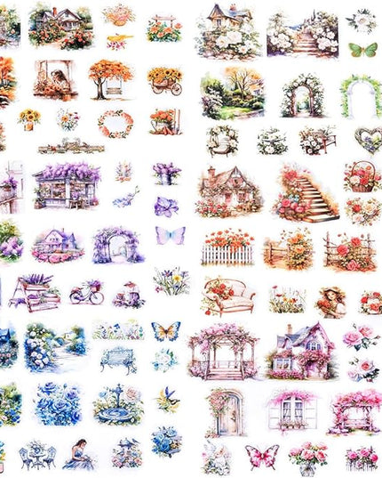 180pcs PET Garden Landscape Scrapbook Paper Journaling Sticker Flower Stickers for Scrapbooking Vintage Stickers Aesthetic Flowers Floral Sticker Pack Junk Journal Decorative Paper Scrapbook Supplies