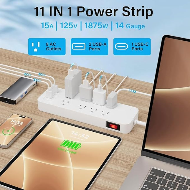 Elecan Surge Protector Power Strip 4 Ft Extension Cord, 8 Widely Spaced Outlets with 2 USB-A&1 USB-C PD 20W Charging Station, Flat Plug Wall Mountable Multi Outlet Extender, 14AWG 2450J/125V,ETL-White