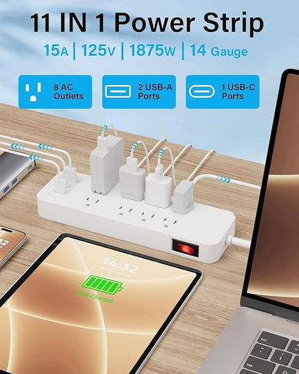 Elecan Surge Protector Power Strip 8 Ft Extension Cord, 8 Widely Spaced Outlets with 2 USB-A&1 USB-C PD 20W Charging Station, Flat Plug Wall Mountable Multi Outlet Extender, 14AWG 2450J/125V,ETL-White