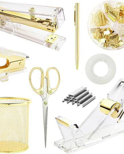 Gold Desk Accessories, Office Supplies Set with Acrylic Stapler, Tape Dispenser, Staple Remover, Pen Holder, Scissor, Binder Paper Clips, 1 Ballpoint Pen, 1 Clear Tape and 1000pcs Staples