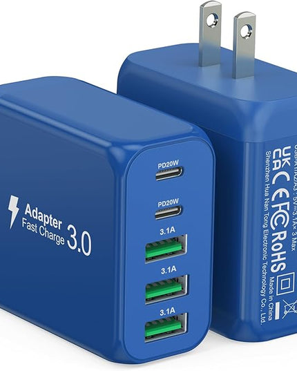 (2-Pack) 60W USB C Wall Charger Block, 5-Port C Charger Fast Charging Block PD Power Adapter +QC 3.0 Multiport Type C Box Brick Cube USB A Wall Plug for iPhone 15/16/17 Pro Max,Samsung (Dark Blue)