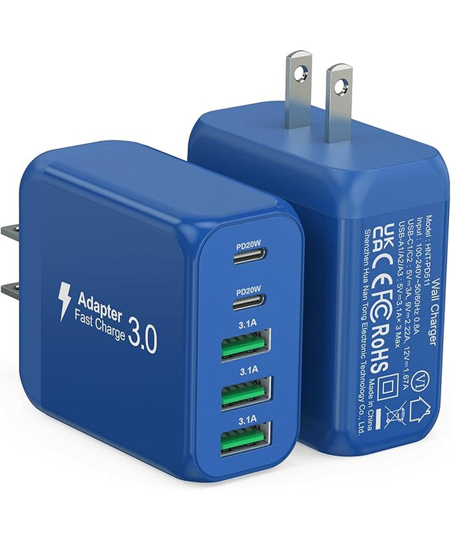 (2-Pack) 60W USB C Wall Charger Block, 5-Port C Charger Fast Charging Block PD Power Adapter +QC 3.0 Multiport Type C Box Brick Cube USB A Wall Plug for iPhone 15/16/17 Pro Max,Samsung (Dark Blue)