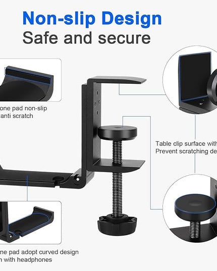 Goldmille Aluminum Headphone Stand Hanger Foldable with Cable Clip Headset Holder Clamp Hook Under Desk, Save Your Space While Working & Gaming
