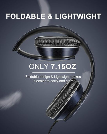 LORELEI X6 Over-Ear Headphones with Microphone, Lightweight Foldable & Portable Stereo Bass Headphones with 1.45M No-Tangle, Wired Headphones for Smartphone Tablet MP3 / 4 (Dark Blue)