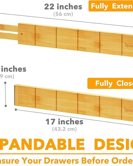 SpaceAid Bamboo Drawer Dividers with Inserts and Labels, Kitchen Adjustable Drawer Organizers, Expandable Organization for Home, Office, Dressers, 10 Dividers with 24 Inserts (17"-22" Natural)