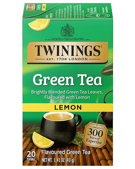 Twinings Green Tea with Lemon Individually Wrapped Bags, 20 Count (Pack of 1), Zesty Citrus Aroma & Flavour, Caffeinated, Enjoy Hot or Iced, 20 Teabags