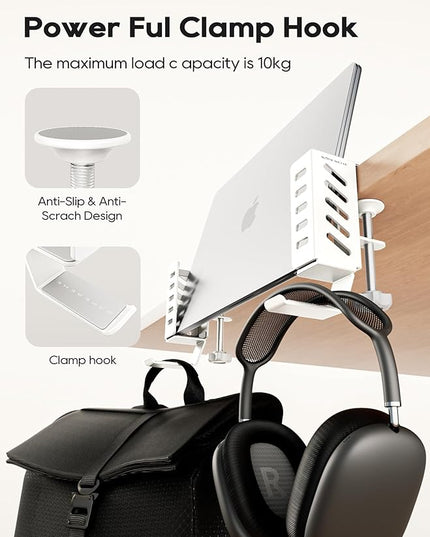 Desk Side Laptop Holder, Desk Side Storage, No Drill Side Desk Organizer, Side Desk Laptop Mount, Tablets Hanging Holder, Clamp on Desk Organizer for Laptops/Tablets/Keyboards/Headphone, White