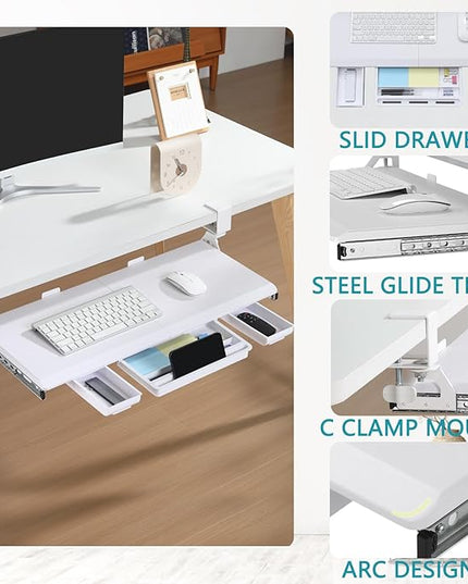 ETHU Keyboard Tray Under Desk, Pull Out Keyboard & Mouse Tray with C-clamp, Ergonomic Desk Keyboard Tray Slide Out, Pull Out Platform Drawer for Home and Office(White)